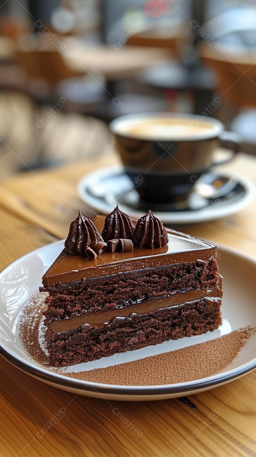 Fatia de bolo de chocolate com ganache e café em mesa de madeira