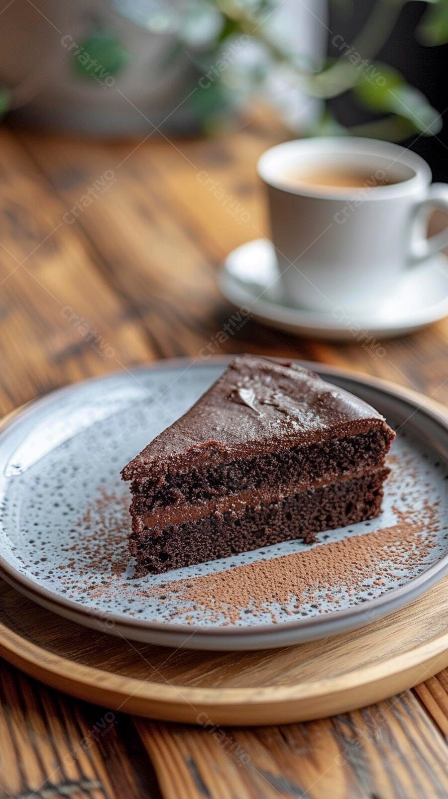 Fatia de bolo de chocolate rico em prato cinza com café no fundo