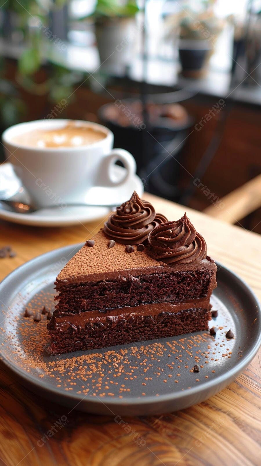 Fatia de bolo de chocolate cremoso com café em mesa de madeira rústica