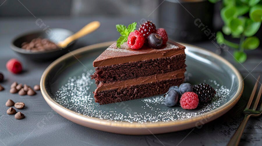 Fatia de bolo de chocolate com frutas vermelhas frescas em prato rústico
