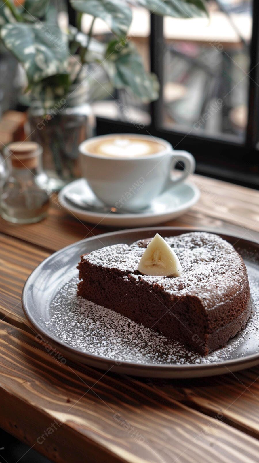 Fatia de bolo de chocolate com banana e café em cafeteria aconchegante