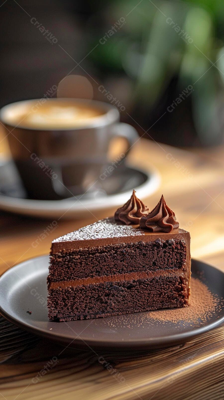 Fatia de bolo de chocolate com cobertura e açúcar de confeiteiro café ao fundo