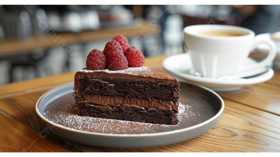 Fatia de bolo de chocolate com framboesas e café em cafeteria
