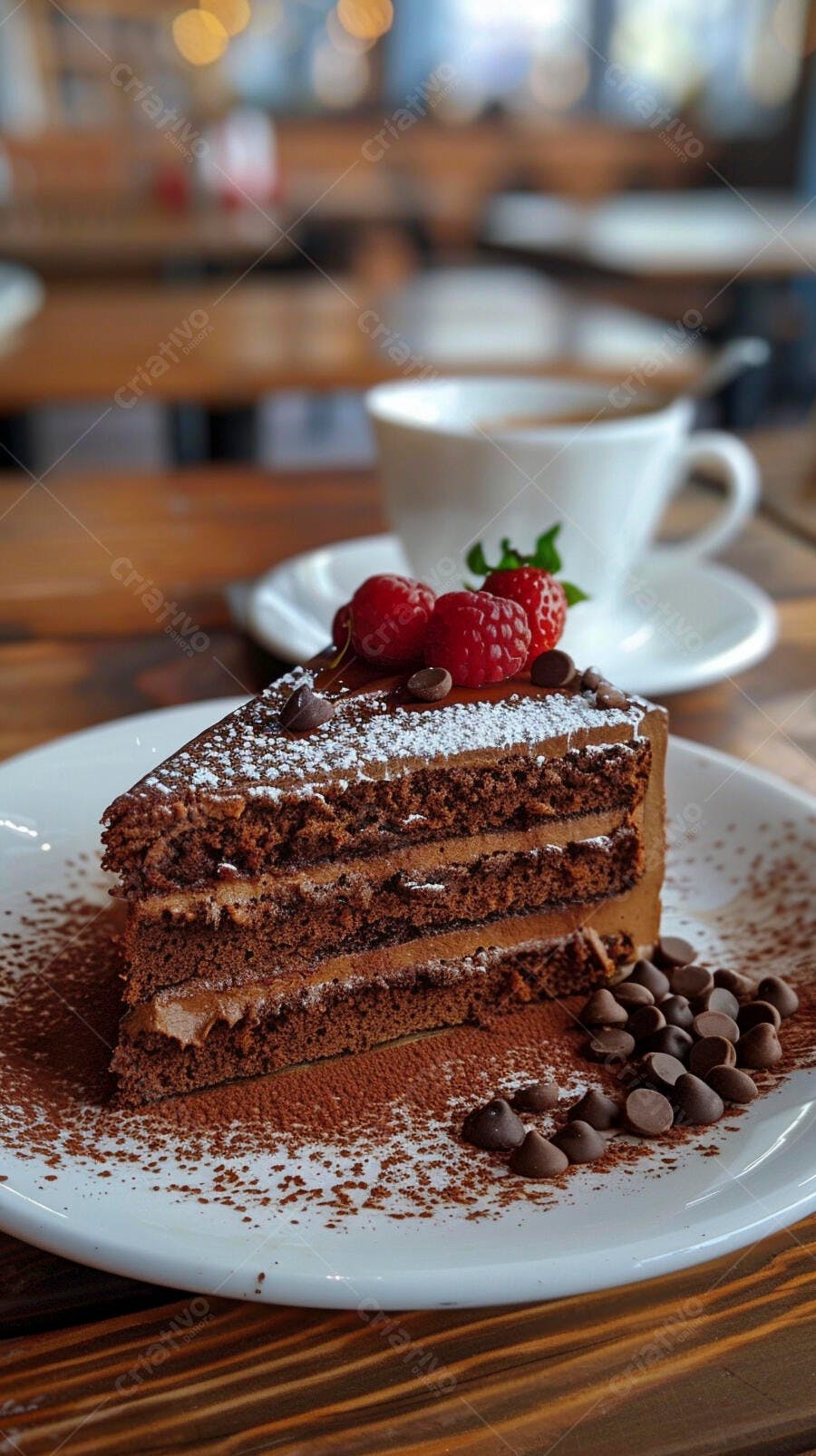 Fatia de bolo de chocolate com framboesas e café em cafeteria aconchegante