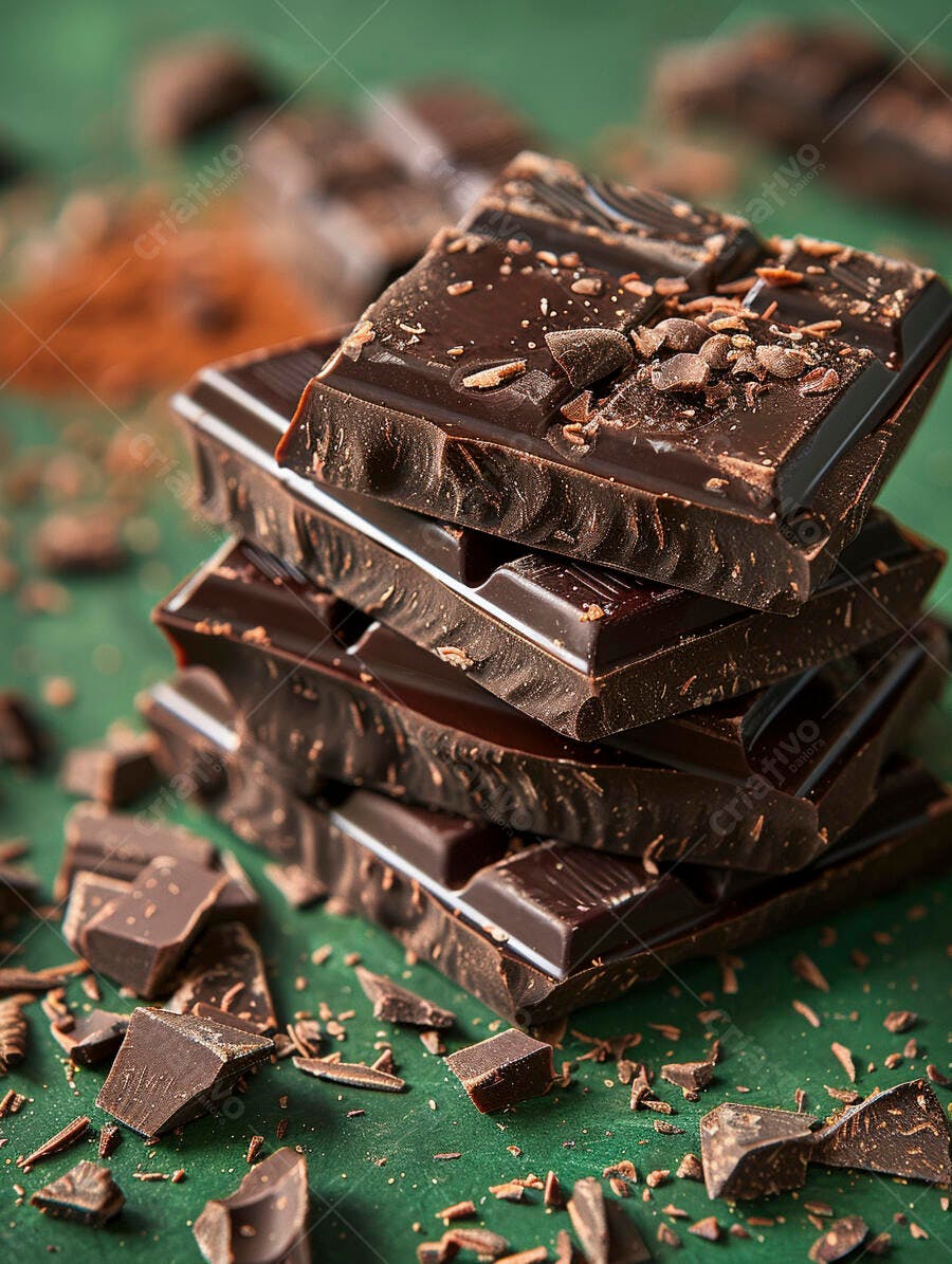Chocolate amargo em barra empilhado com raspas em fundo verde