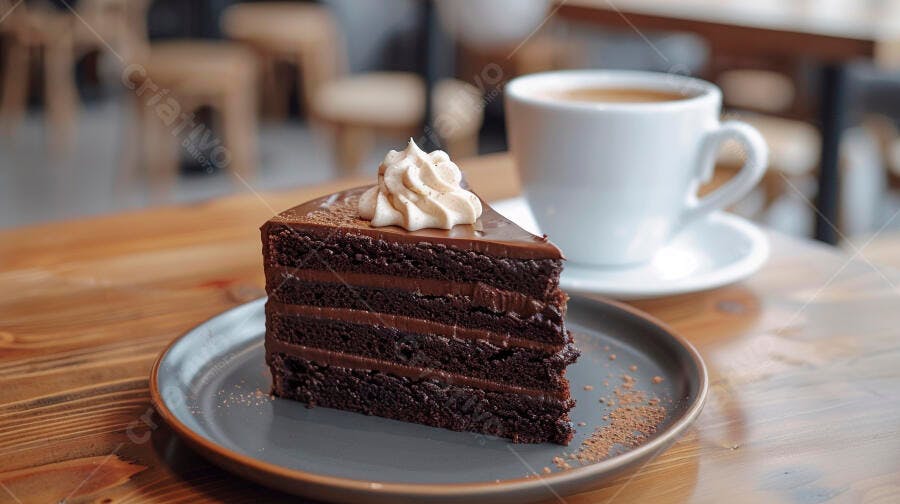 Bolo de chocolate com chantilly e café na mesa de madeira do café