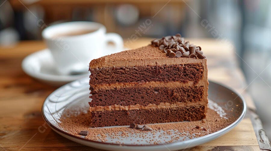 Bolo de chocolate em fatia com raspas de chocolate e café