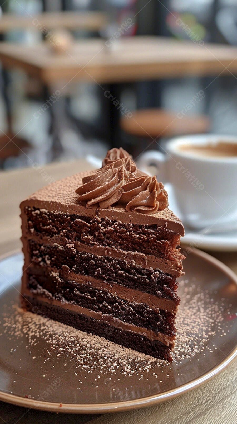 Torta de chocolate cremosa em camadas com café em cafeteria