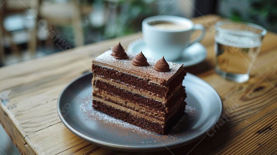 Fatia de bolo de chocolate em camadas com café em mesa de madeira rústica