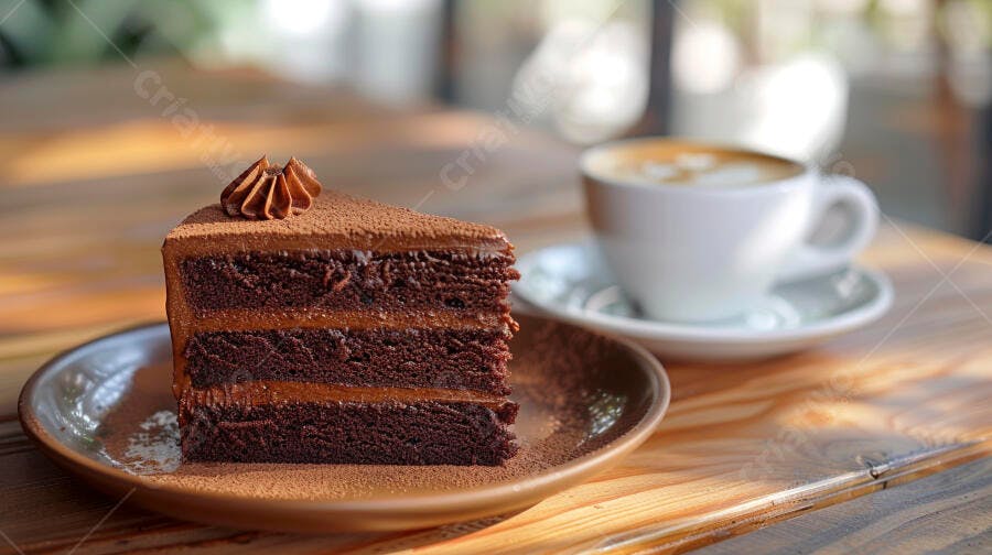 Fatia de bolo de chocolate em camadas com café e luz natural na mesa de madeira