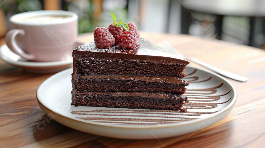 Bolo de chocolate com framboesas frescas e café em uma cafeteria aconchegante