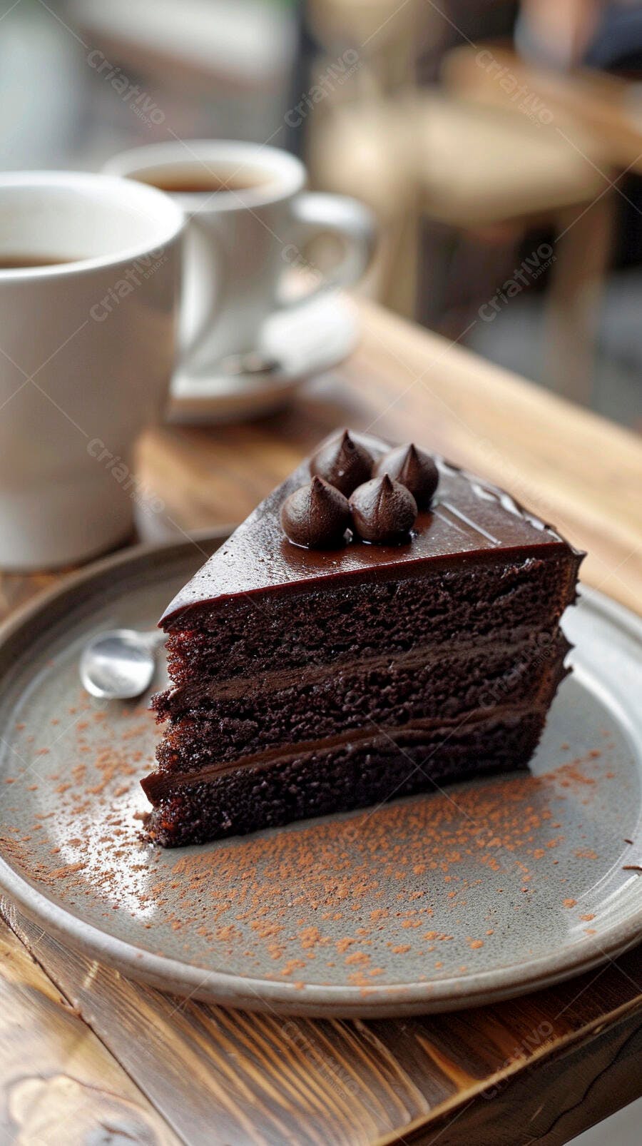 Fatia de bolo de chocolate escuro com café em cafeteria aconchegante