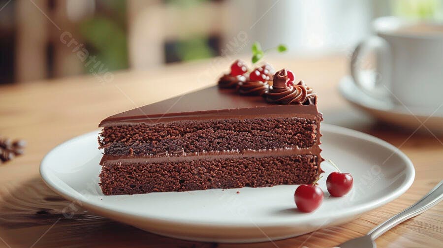 Fatia de bolo de chocolate cremoso com cerejas frescas em cafeteria aconchegante