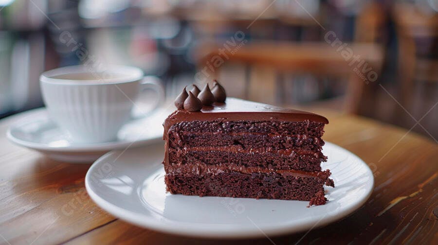 Fatia de bolo de chocolate escuro com café quente no fundo em café aconchegante