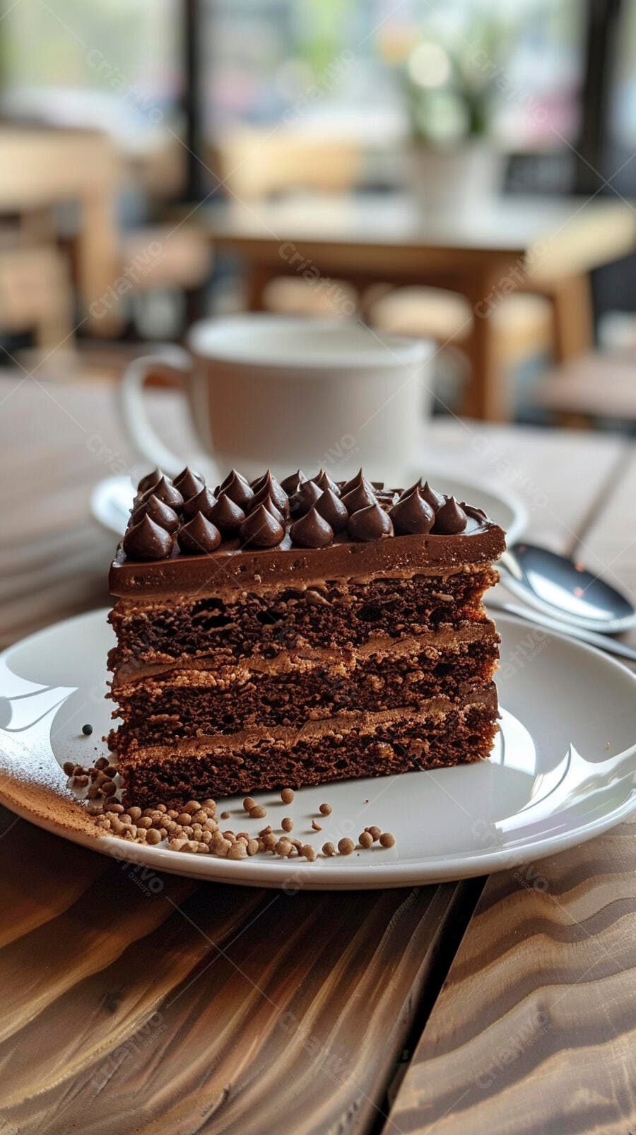 Bolo de chocolate cremoso com café em mesa de madeira rústica