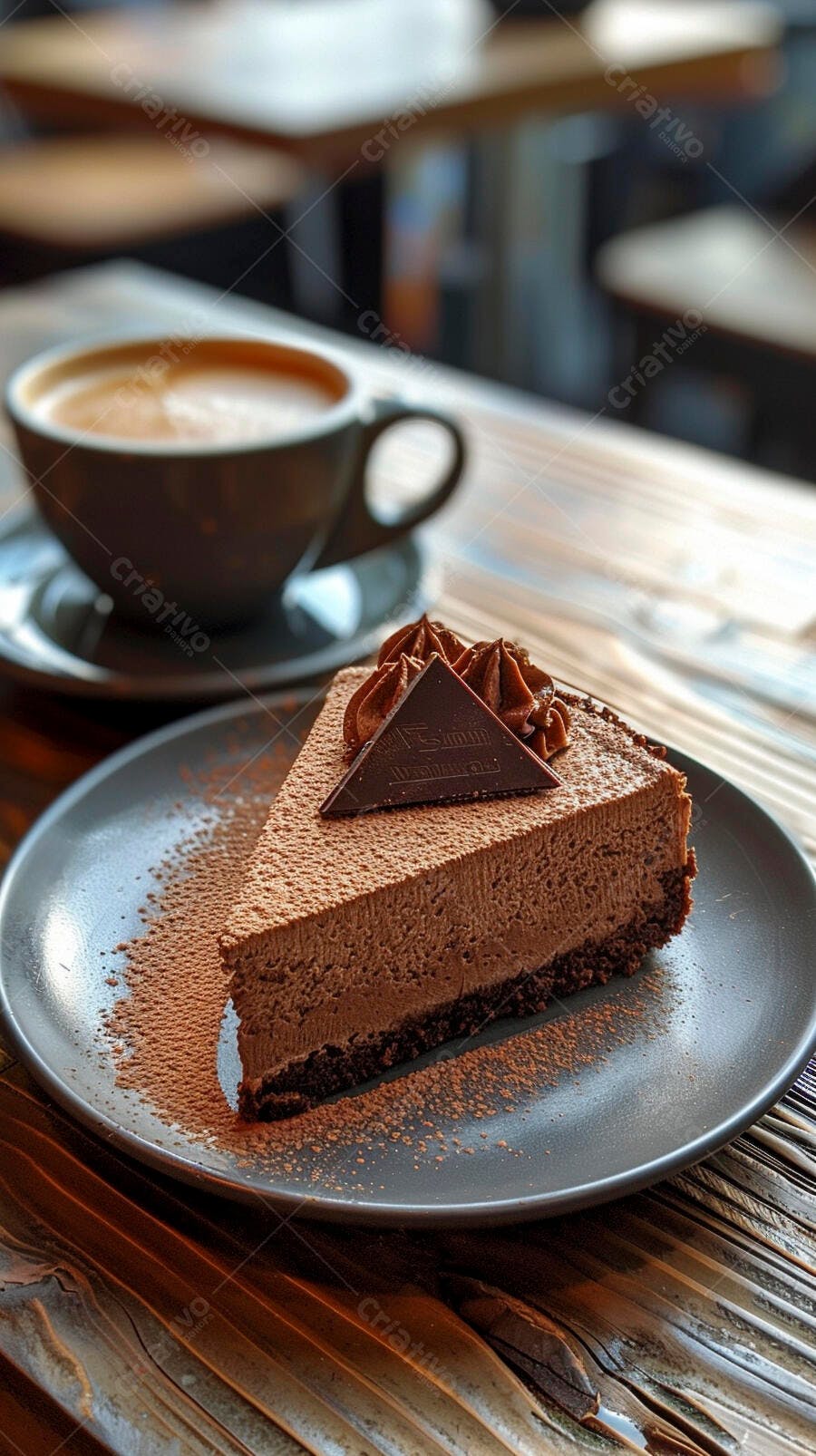 Bolo de chocolate cremoso com café em mesa de madeira rústica