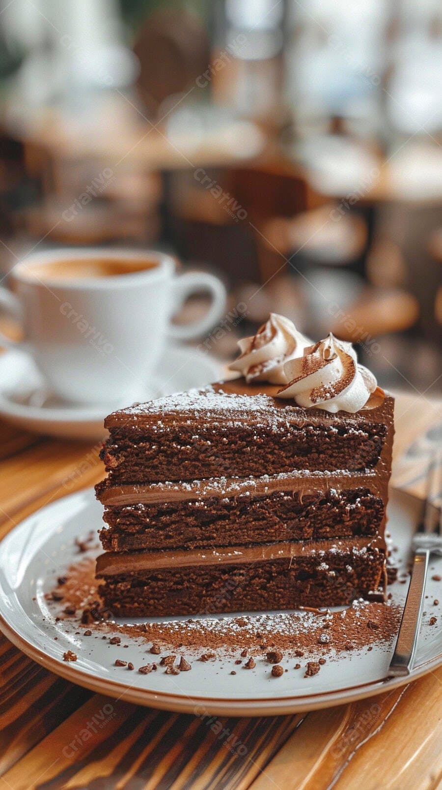 Fatia de bolo de chocolate com chantilly em mesa de madeira e café