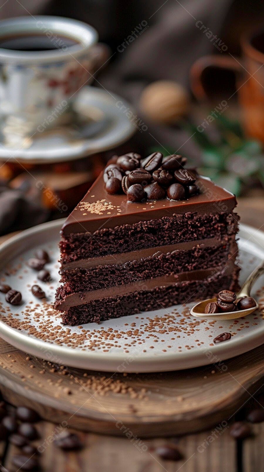 Fatia de bolo de chocolate com grãos de café e glacê em mesa de madeira