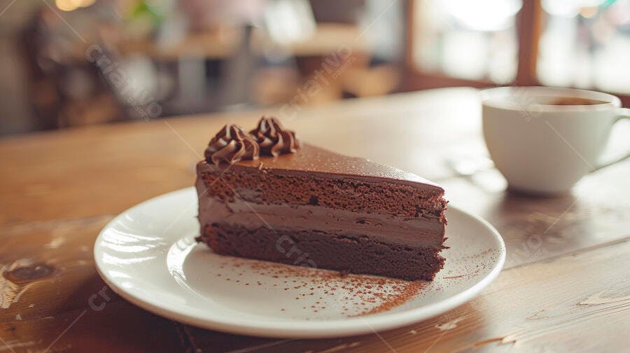 Fatia de bolo de chocolate cremoso com café em mesa de madeira rústica