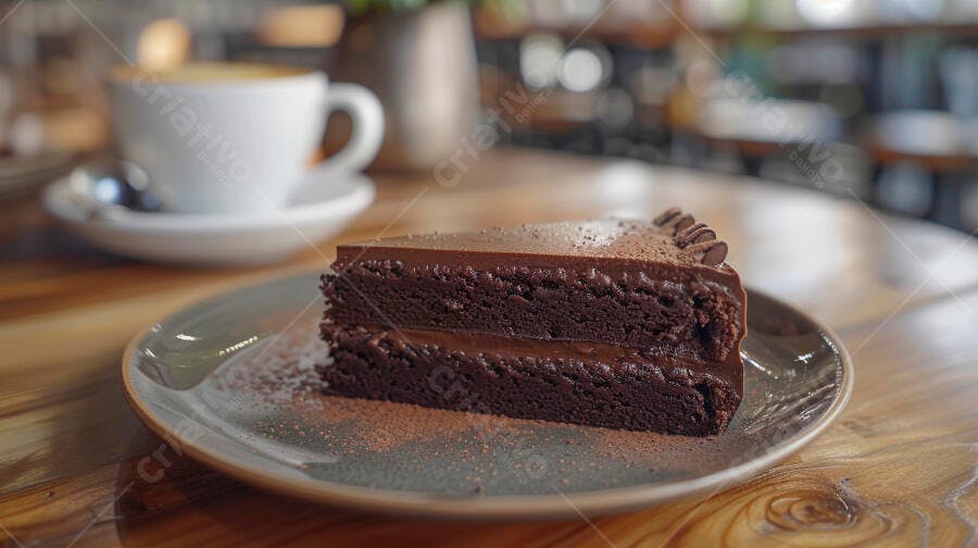 Fatia de bolo de chocolate duplo em mesa de madeira e café