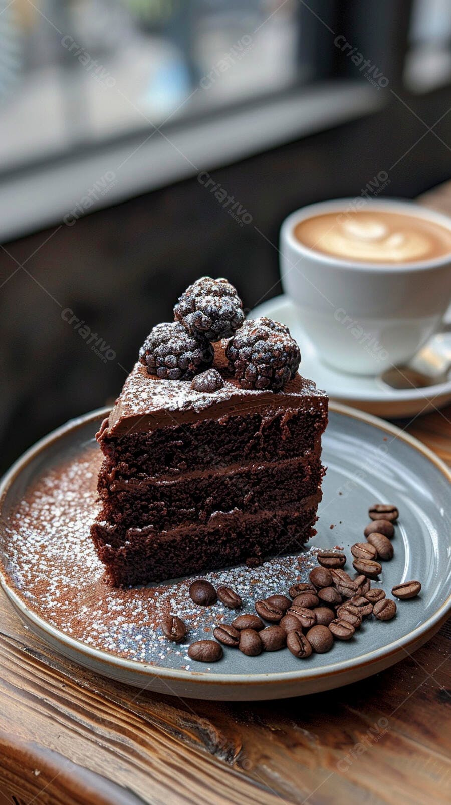 Fatia de bolo de chocolate com trufas e açúcar em mesa de café