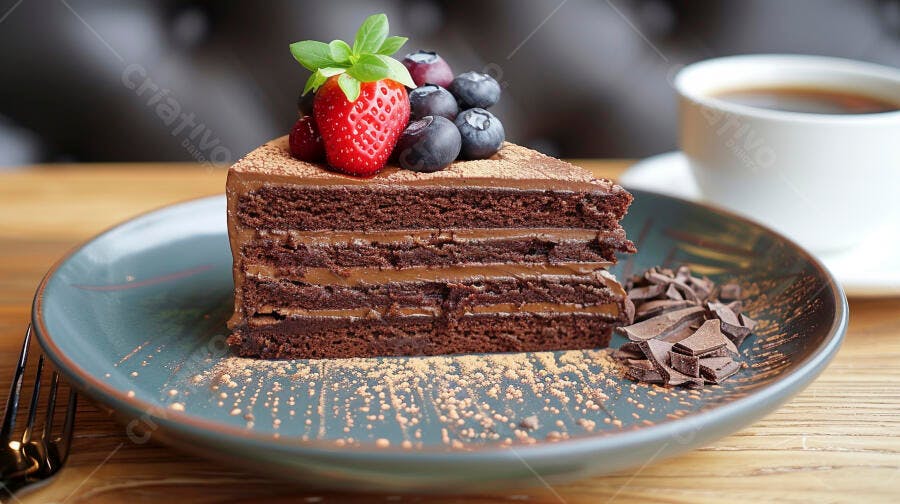 Fatia de bolo de chocolate com morango mirtilos e café na mesa