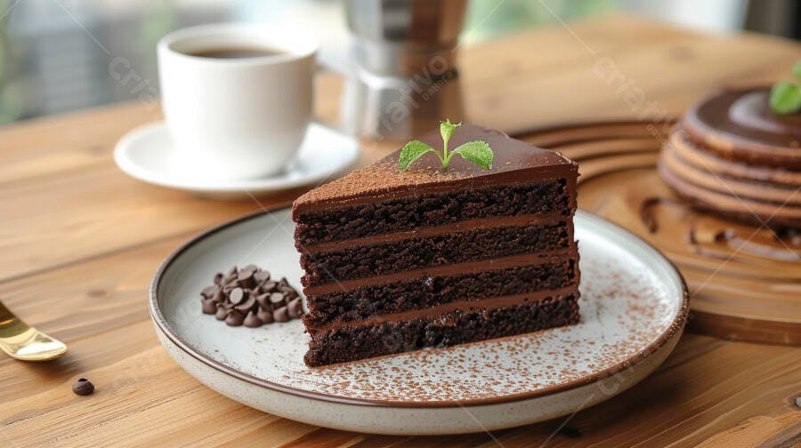 Fatia de bolo de chocolate com menta e café na mesa de madeira