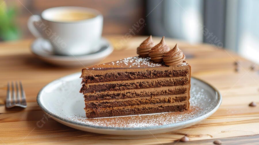 Bolo de chocolate em camadas fatia com granulado e café na mesa de madeira