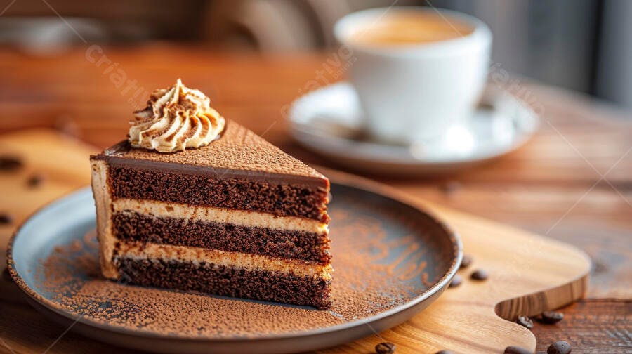 Fatia de bolo de chocolate e creme com cacau em pó e café na mesa marrom