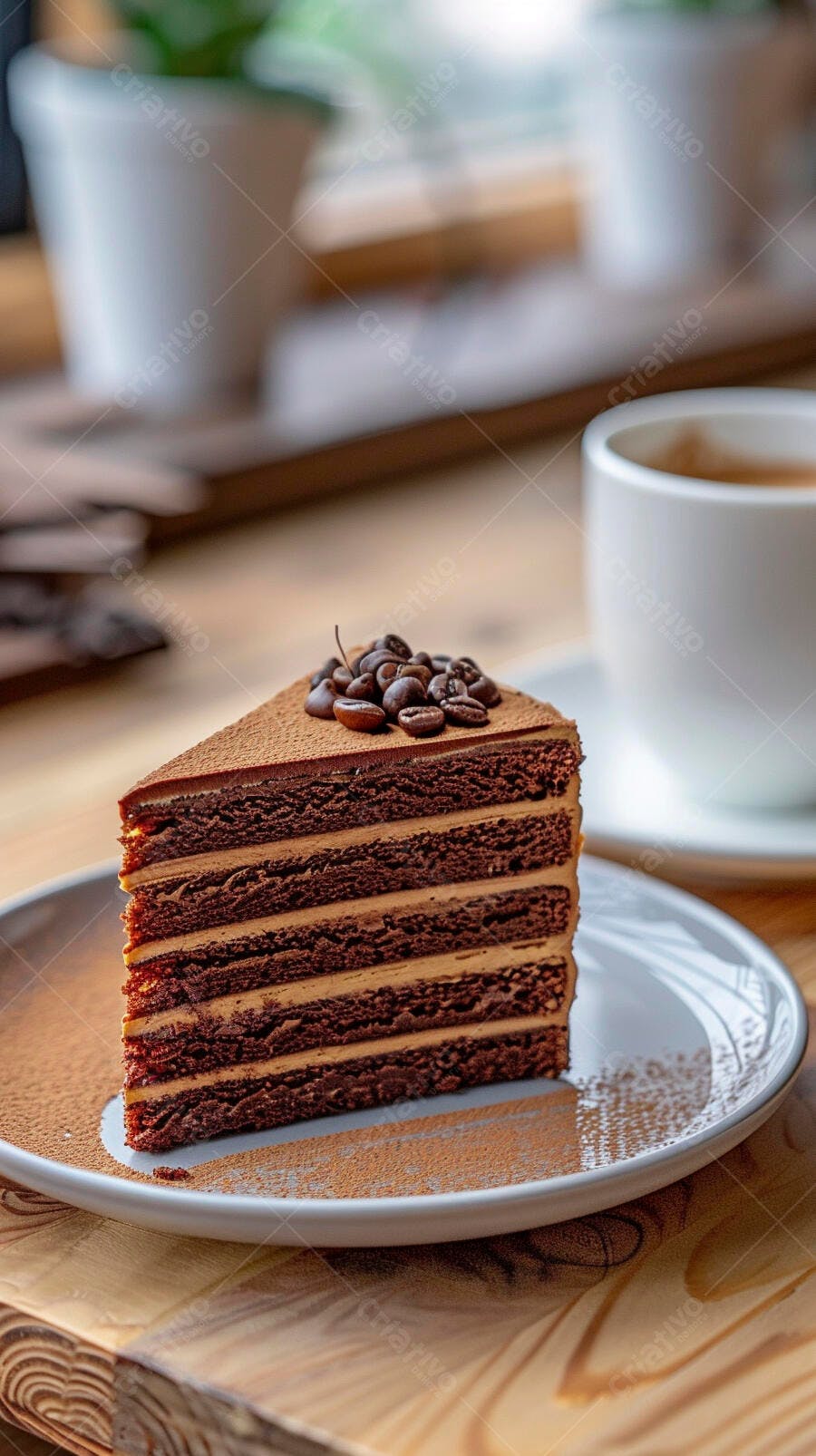 Fatia de bolo de chocolate com grãos de café e camadas de creme em mesa de madeira
