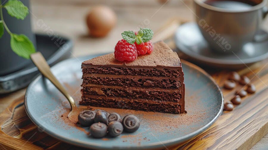Fatia de bolo de chocolate com framboesas frescas e café quente