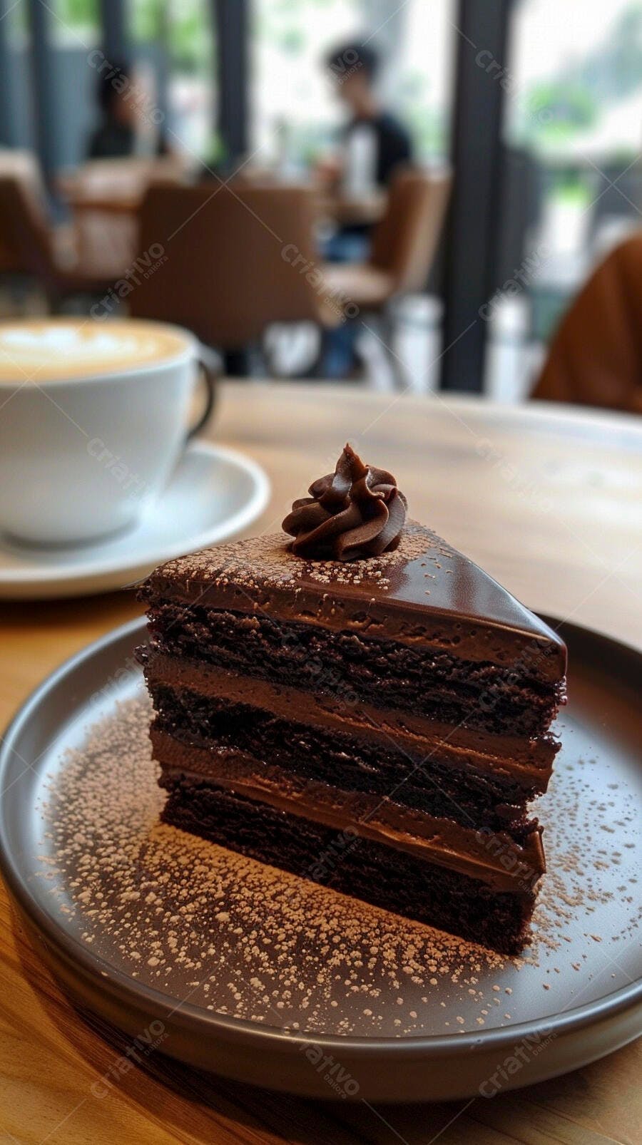 Fatia de bolo de chocolate escuro com cappuccino em cafeteria aconchegante