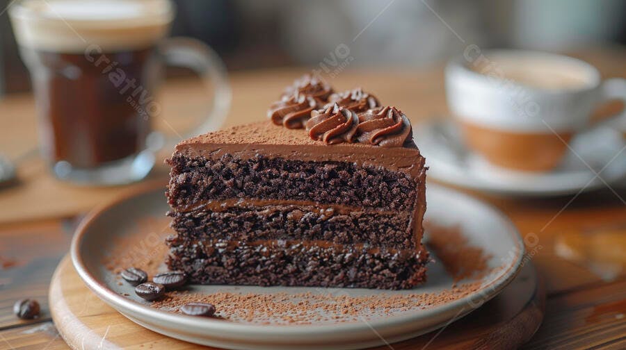 Fatia de bolo de chocolate com café e grãos na mesa de madeira