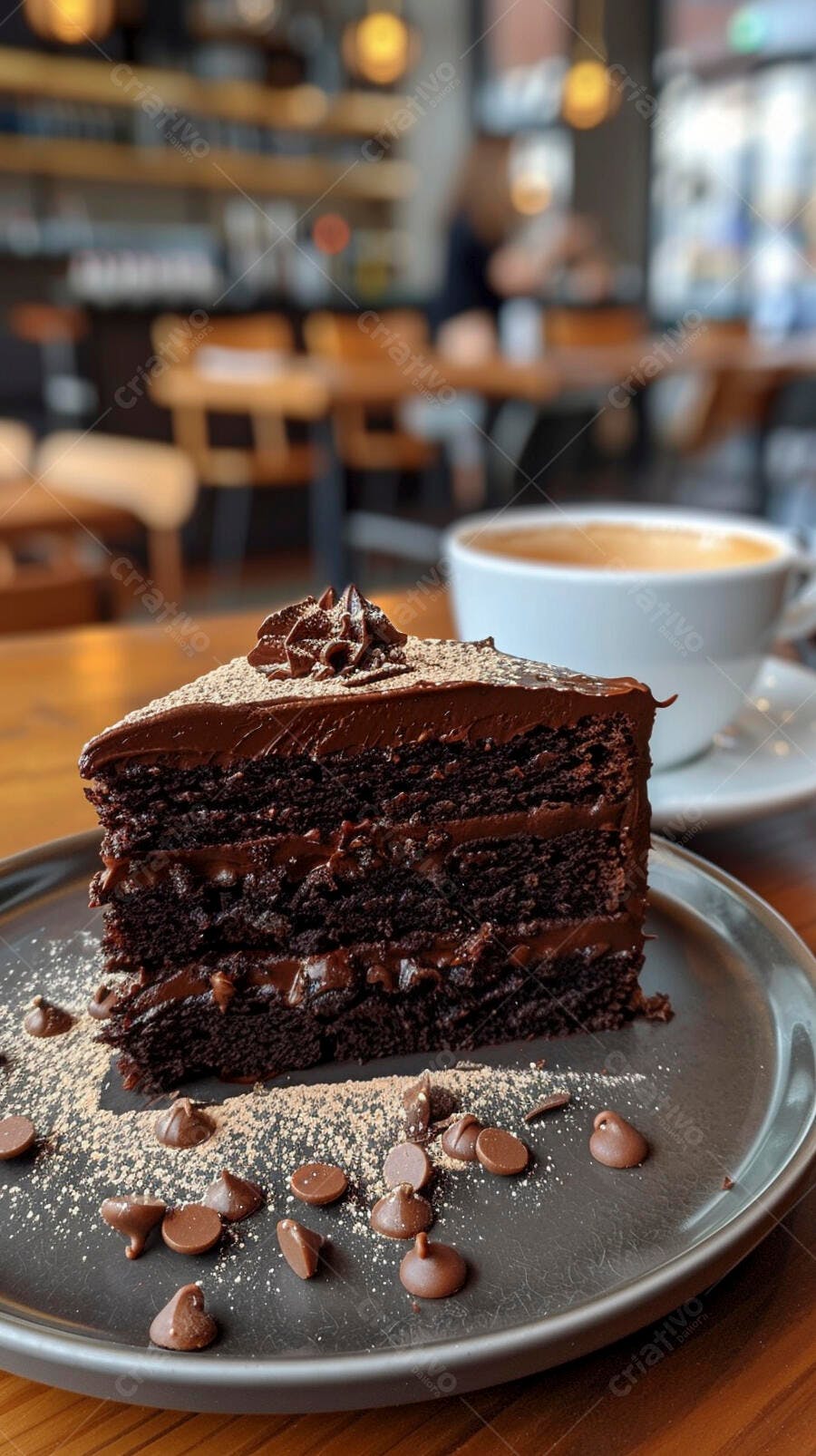 Fatia de bolo de chocolate com café em cafeteria aconchegante e gotas de chocolate