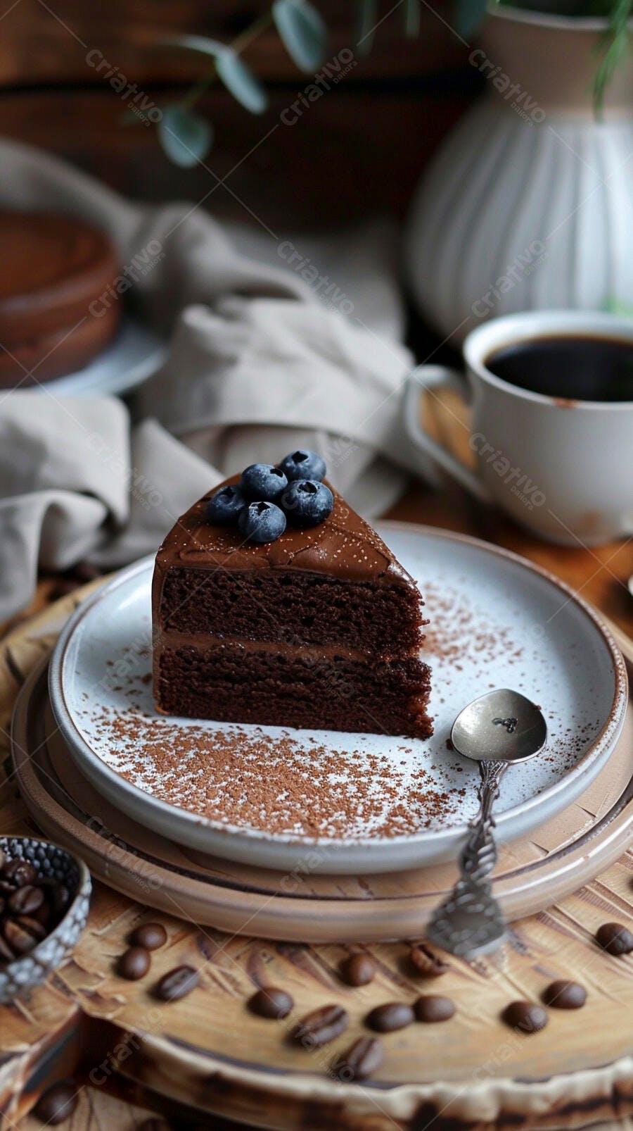 Bolo de chocolate com mirtilos café e grãos na mesa de madeira