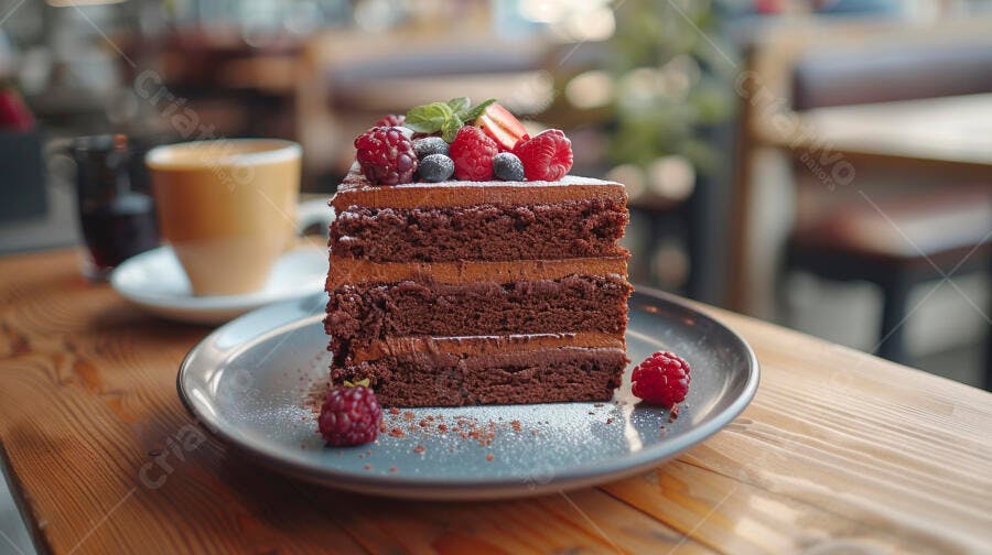 Fatia de bolo de chocolate com frutas vermelhas e café em cafeteria