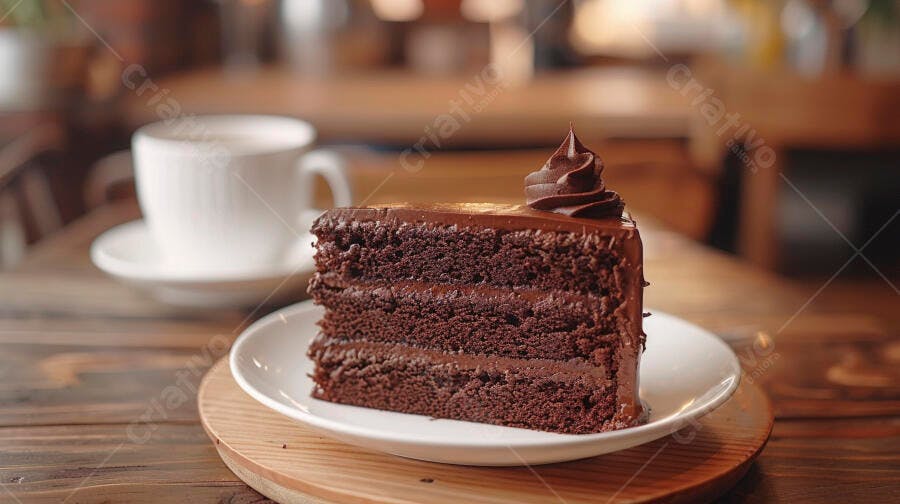 Fatia de bolo de chocolate cremoso com café em cafeteria aconchegante