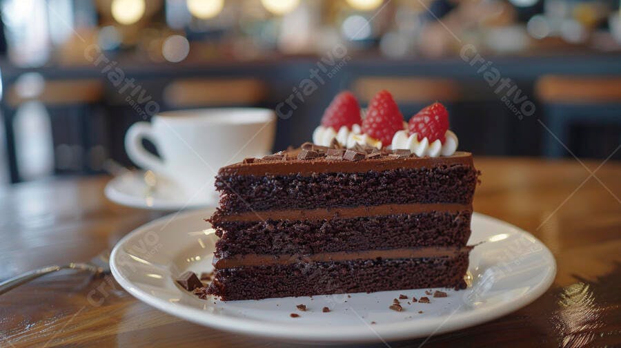 Bolo de chocolate com framboesas e café em cafeteria aconchegante