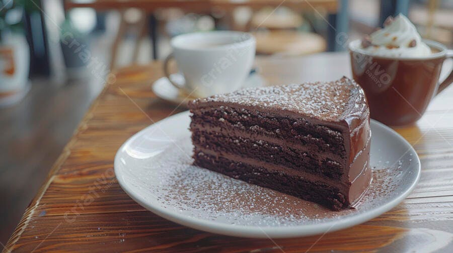 Fatia de bolo de chocolate com açúcar de confeiteiro em mesa de café
