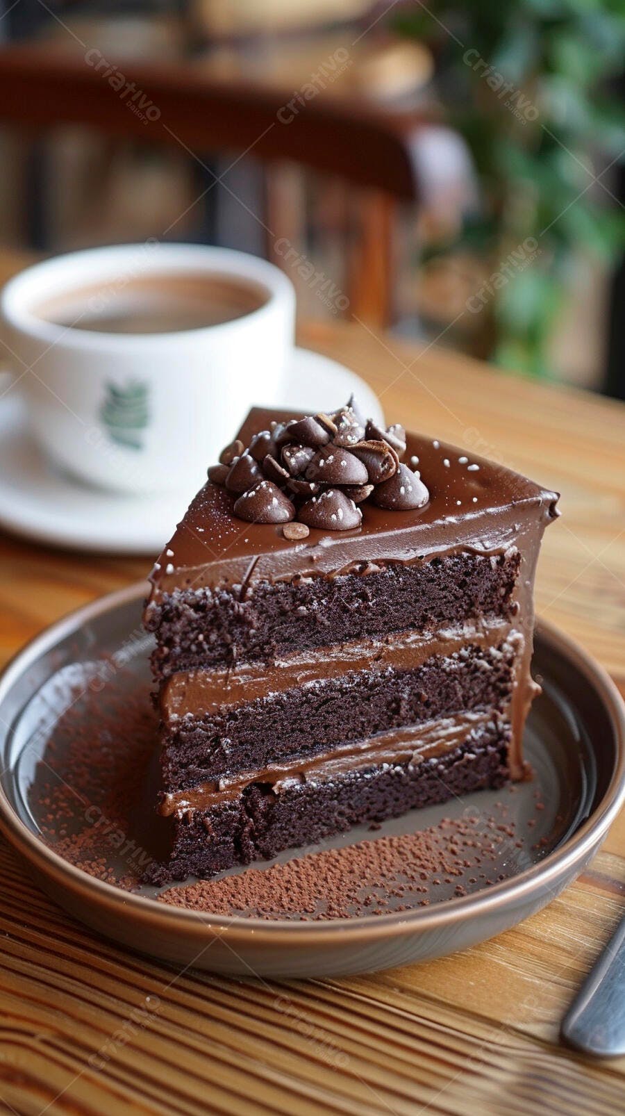 Fatia de bolo de chocolate triplo com cobertura e café quente em cafeteria