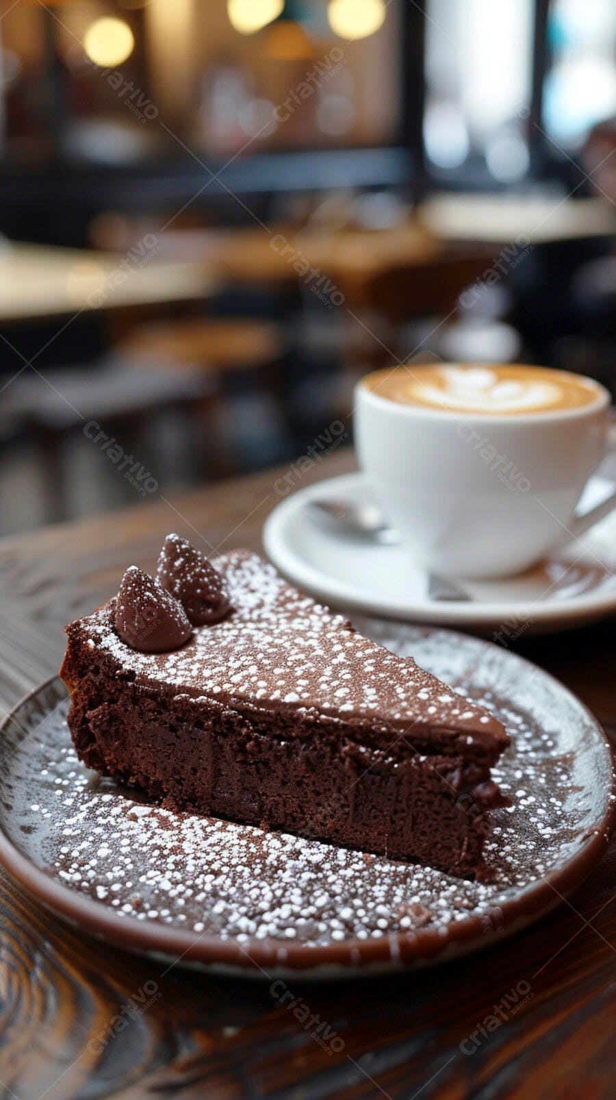 Bolo de chocolate decadente com café latte em cafeteria aconchegante