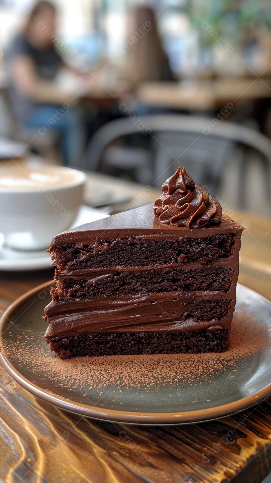 Bolo de chocolate em pedaço com calda cremosa em cafeteria aconchegante