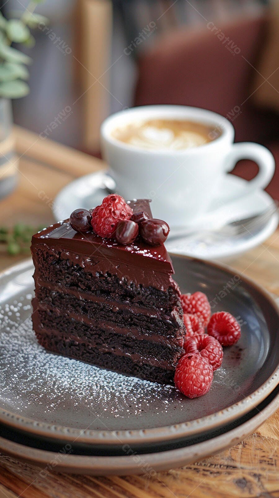 Bolo de chocolate com framboesas e café em mesa de madeira