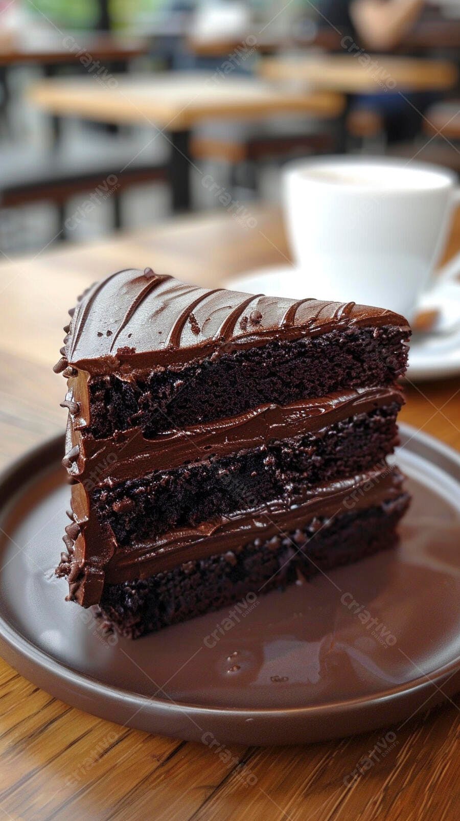 Fatia de bolo de chocolate com cobertura cremosa em café aconchegante