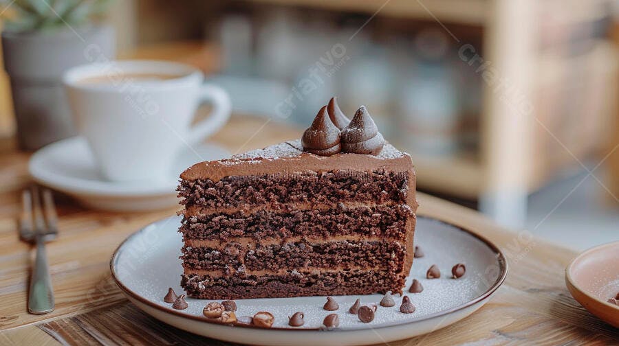 Fatia de bolo de chocolate escuro em camadas com café e granulados em mesa de madeira