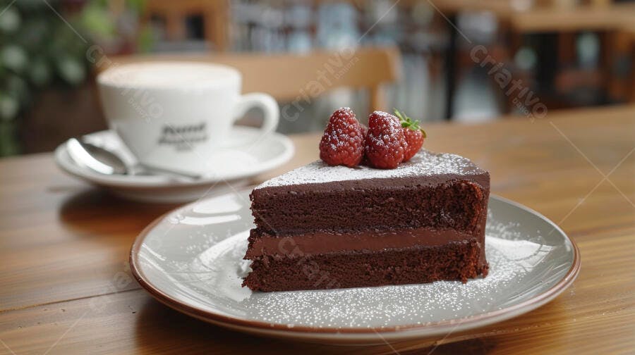 Fatia de bolo de chocolate com frutas vermelhas e café em cafeteria