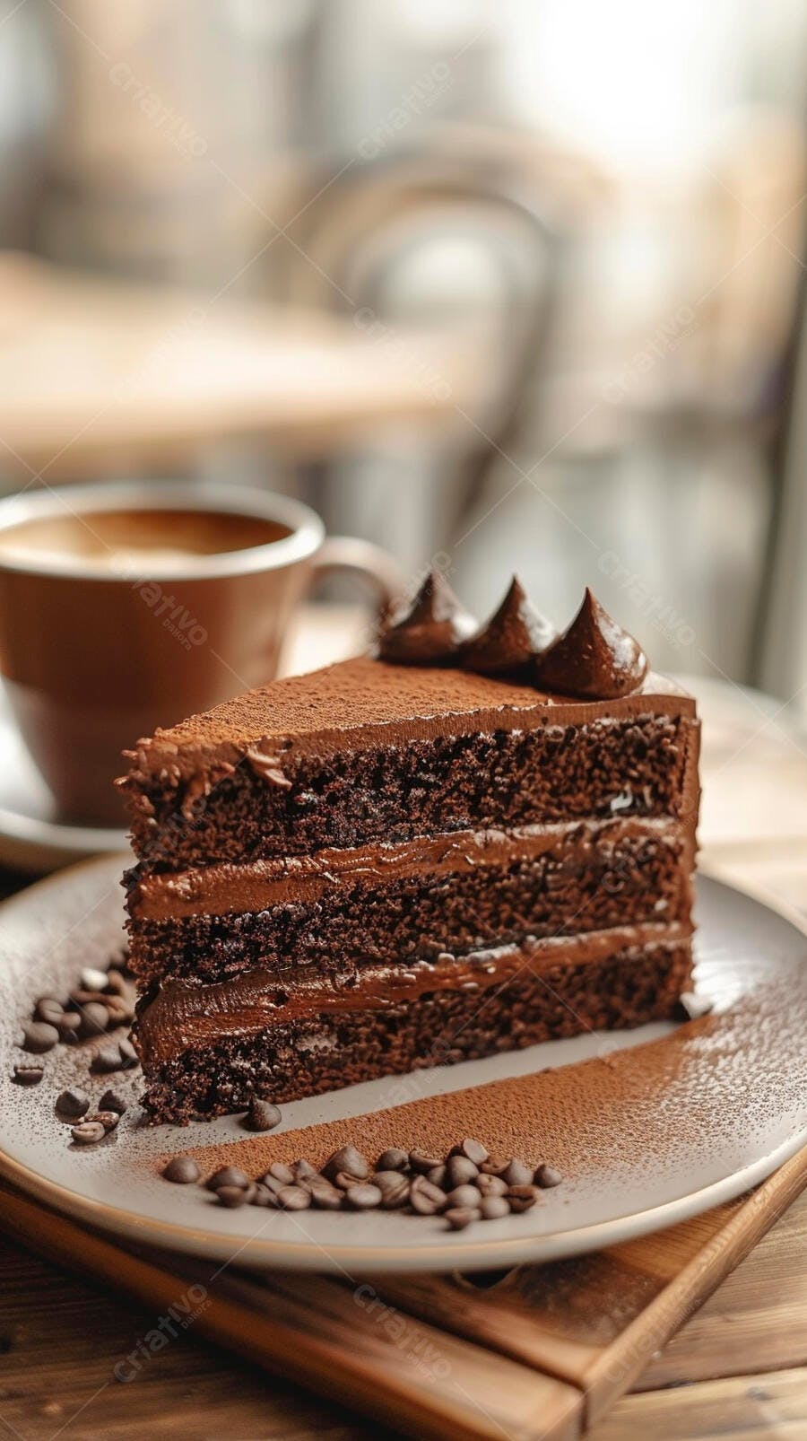 Fatia bolo chocolate escuro com café em cafeteria rústica