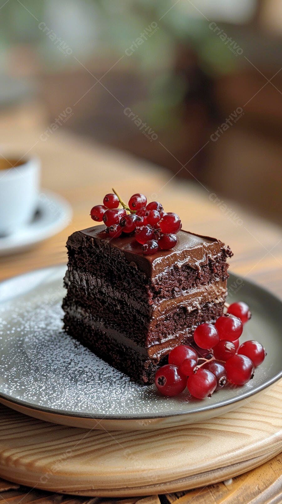 Fatia de bolo de chocolate com frutas vermelhas polvilhado com açúcar