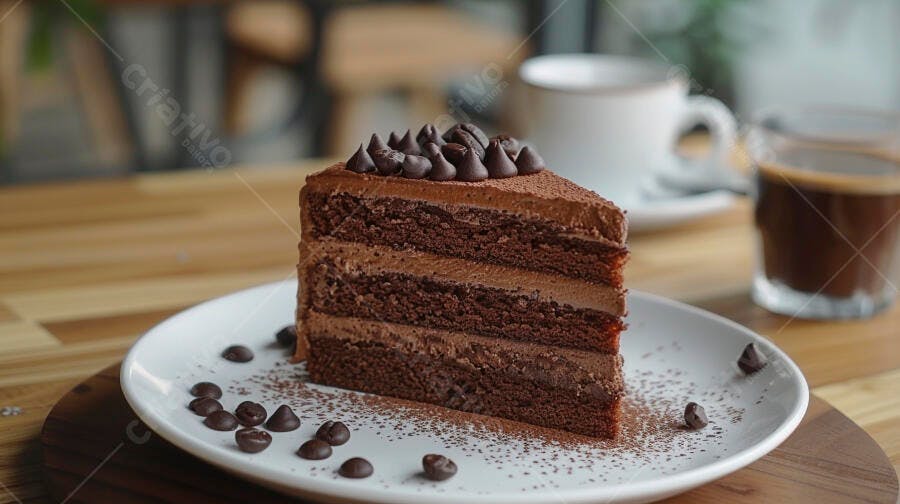 Fatia de bolo de chocolate cremoso com granulado e café em cafeteria aconchegante