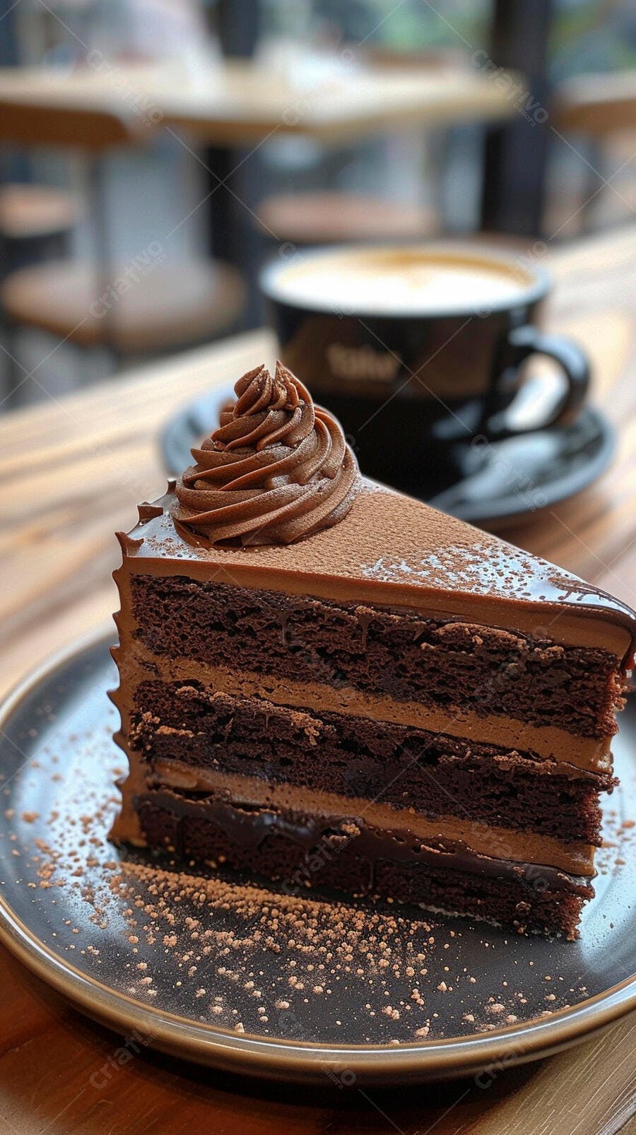Bolo de chocolate decadente com café em cafeteria aconchegante